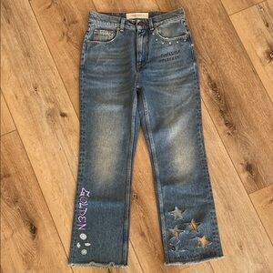 Golden Goose Blue Straight Leg Jeans with Star Embellishments. Made in Italy